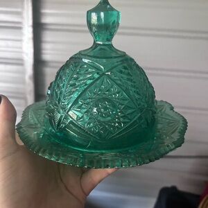 Green Pressed Glass Covered Butter Dish